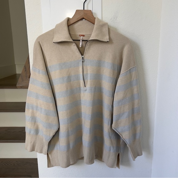 Free People Coastal Stripe Half-Zip Pullover in Beige and Light Blue - Picture 3 of 7